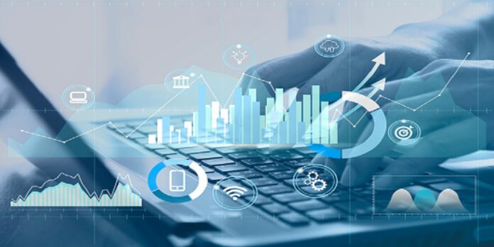 Human hands using laptop for working his business having Data Analysis Diagram.