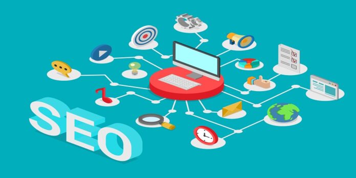 Flat style 3d isometry isometric SEO search engine optimization creative web technology concept. Computer on pedestal connected to SEO-related icons: message music social media post promotion target. Automotive SEO Company
