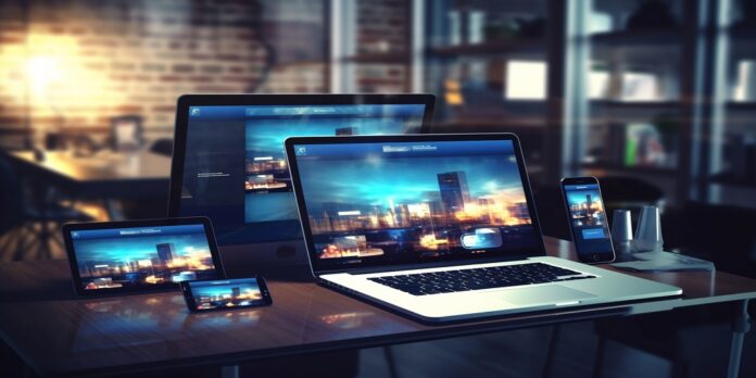 Modern digital devices on table in office with city view. 3D Rendering