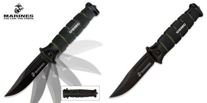 usmc-black-green-assisted-opening-combat-pocket-knife-blade-view